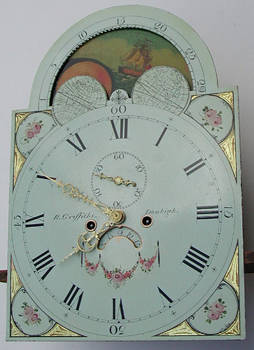Eight-day painted dial longcase clock with rolling moon c.1795 by Richard Griffiths of Denbigh, Wales