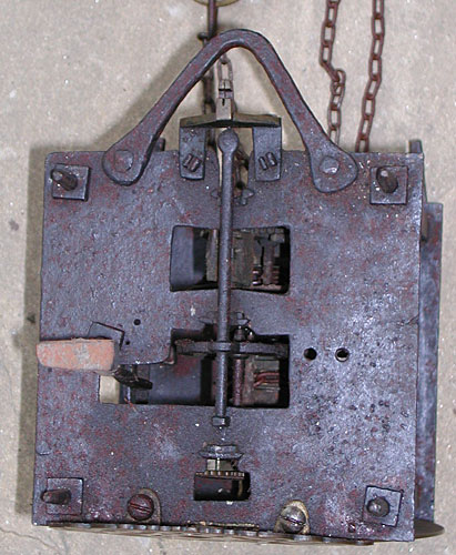 View of the top plate of the blacksmith-made lantern clock