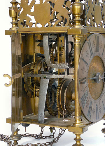 Lantern clock made in the 1690s by Joseph Curtis of Chew Magna in Somerset