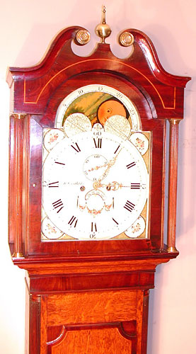 Eight-day painted dial longcase clock with rolling moon c.1795 by Richard Griffiths of Denbigh, Wales
