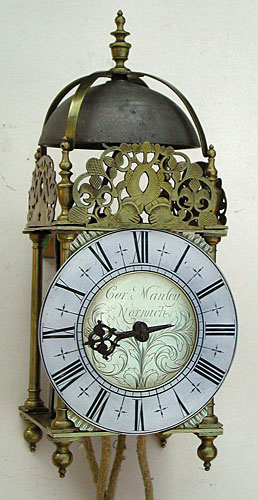 rare lantern clock made in the 1680s by Cornelius Manley, Norwich