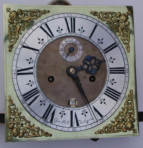 Eight-day clock in oak, signed 'George Mills de Ripon', 1690s.