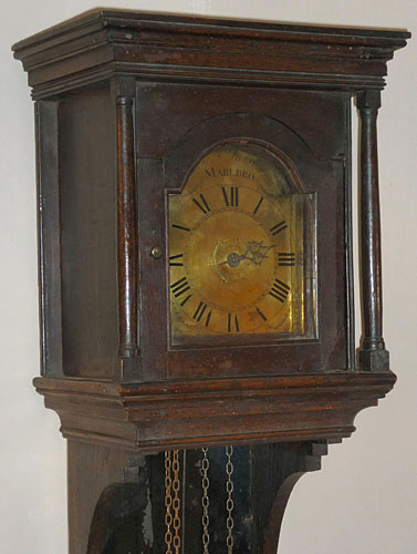 single-handed oak-cased hooded clock with alarm made about 1790 by John Pickett of Marlborough, Wiltshire