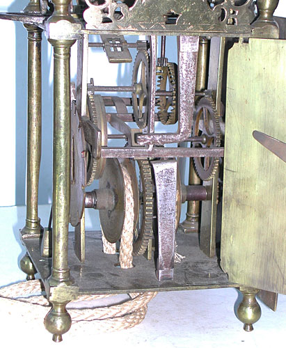 Lantern clock with square dial made about 1690 by Richard Roe of Epperstone, Lincolnshire