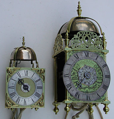 rare miniature square dial lantern clock with strikework and alarm made in the 1690s by John Trubshaw of London