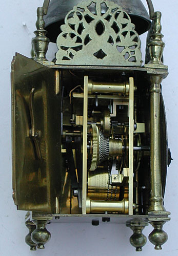 Tiny lantern clock made in the 1690s by John Walthall of Hatfield, Hertfordshire